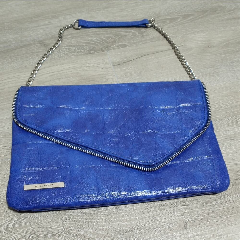 Nine West Blue Pebbled Faux Leather Short Chain Handbag